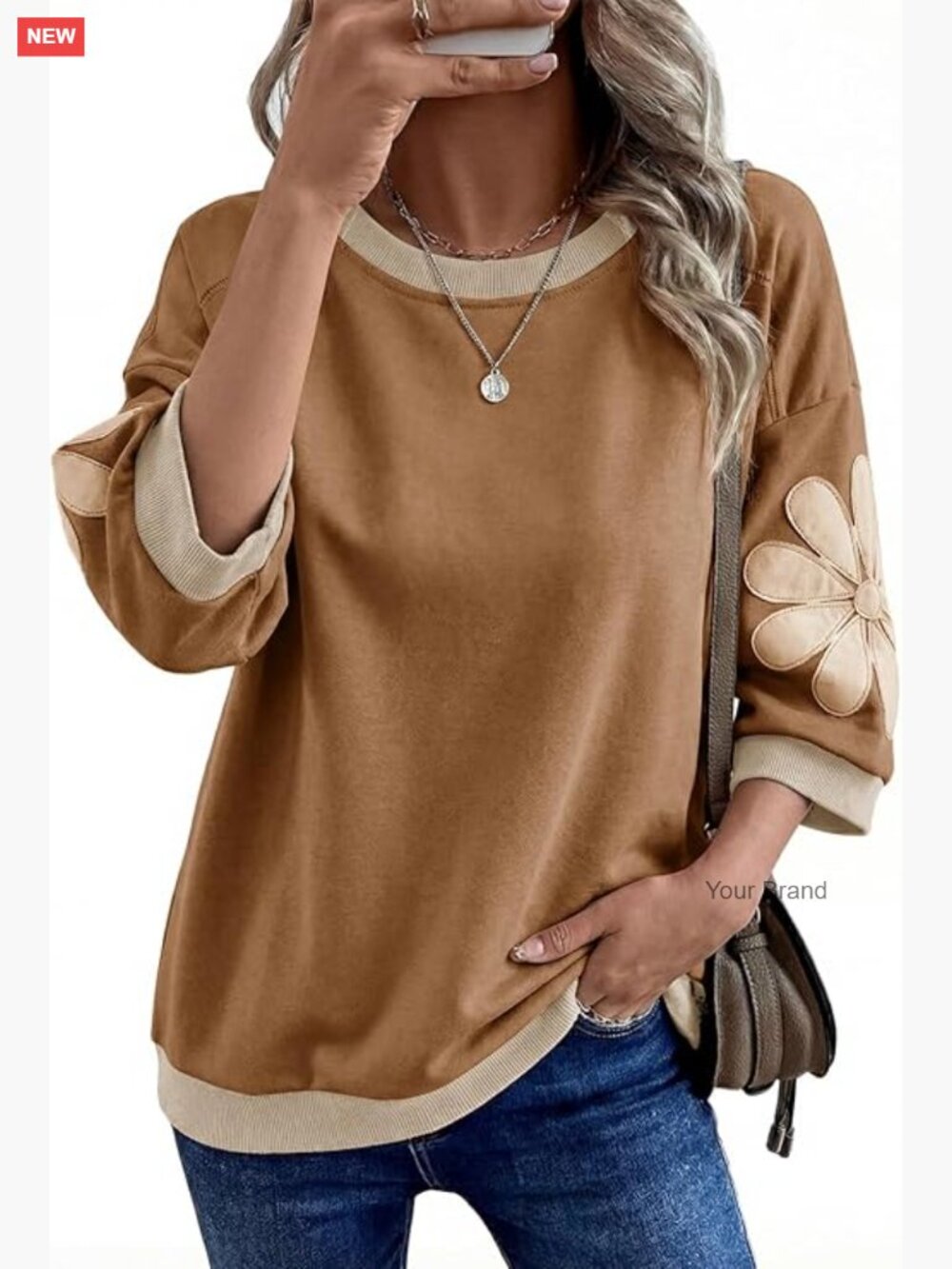 Oversized 3/4 Sleeve Sweatshirt Floral Patch Crewneck Pullover